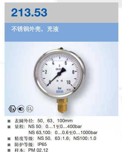 德国威卡213.53波登管压力表 不锈钢外壳 现货正品图2