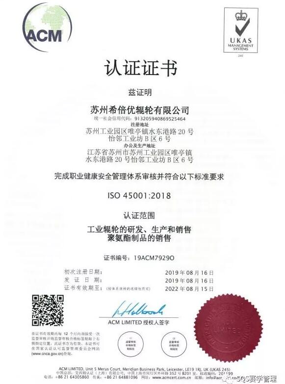 苏州希倍优辊轮有限公司通过ISO45001认证