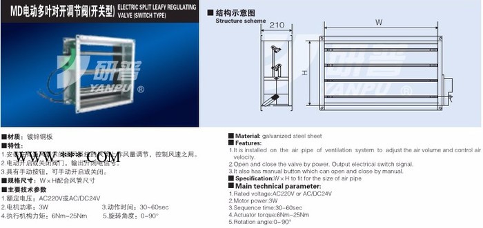 供应 研普MD-N 电动多叶调节阀风阀 电动调节阀（开关型）